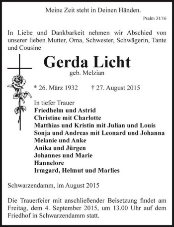 Traueranzeige von Gerda Licht (geb. Melzian)  von Magdeburger Volksstimme