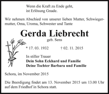Traueranzeige von Gerda Liebrecht (geb. Sens)  von Magdeburger Volksstimme