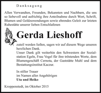 Traueranzeige von Gerda Lieshoff  von Magdeburger Volksstimme