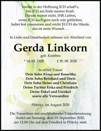 Traueranzeige von Gerda Linkorn (geb. Krabbes)  von Magdeburger Volksstimme