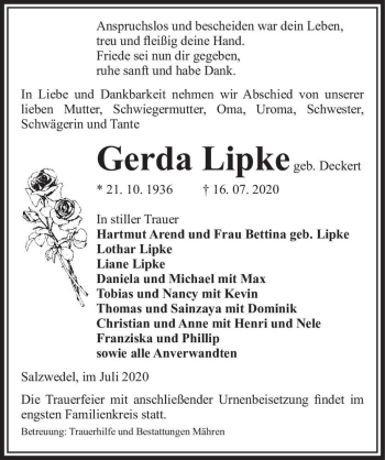 Traueranzeige von Gerda Lipke (geb. Deckert)  von Magdeburger Volksstimme