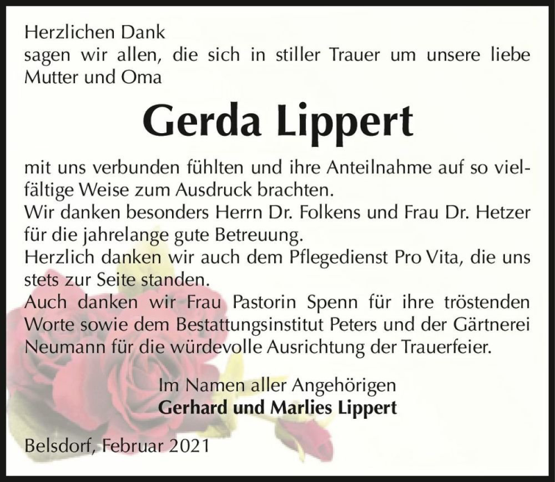  Traueranzeige für Gerda Lippert  vom 18.02.2021 aus Magdeburger Volksstimme
