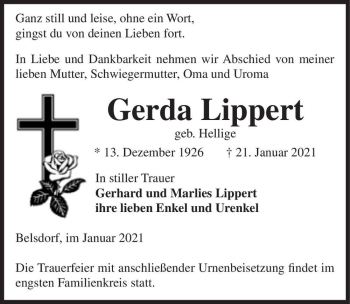 Traueranzeige von Gerda Lippert (geb. Hellige)  von Magdeburger Volksstimme