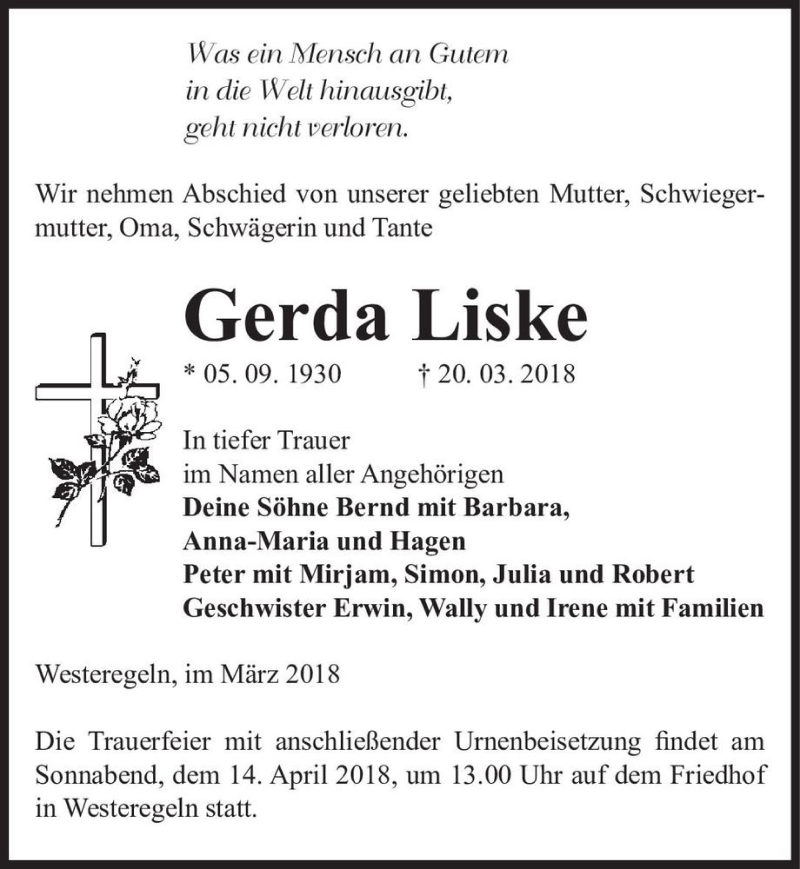  Traueranzeige für Gerda Liske  vom 31.03.2018 aus Magdeburger Volksstimme