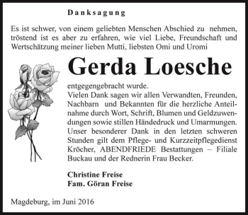 Traueranzeige von Gerda Loesche  von Magdeburger Volksstimme