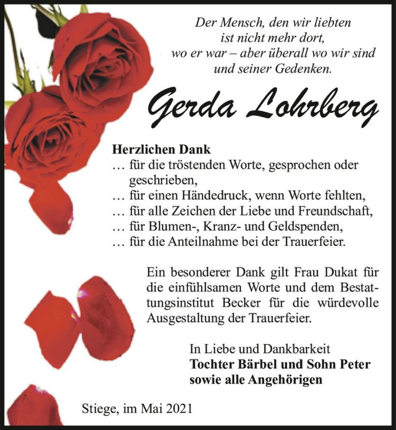  Traueranzeige für Gerda Lohrberg  vom 29.05.2021 aus Magdeburger Volksstimme