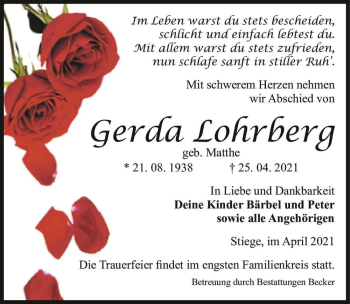 Traueranzeige von Gerda Lohrberg (geb. Matthe)  von Magdeburger Volksstimme