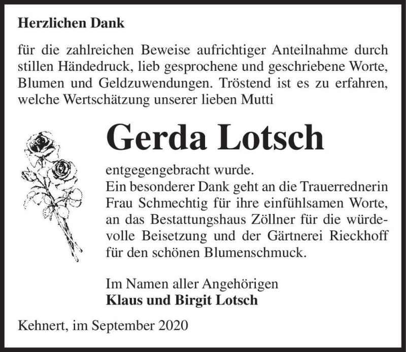  Traueranzeige für Gerda Lotsch  vom 26.09.2020 aus Magdeburger Volksstimme