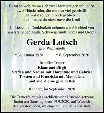 Traueranzeige von Gerda Lotsch (geb. Wachsmuth)  von Magdeburger Volksstimme