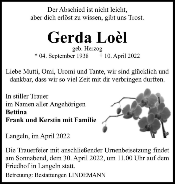 Traueranzeige von Gerda Loèl (geb. Herzog)  von Magdeburger Volksstimme