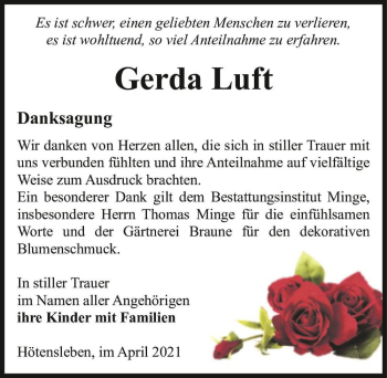 Traueranzeige von Gerda Luft  von Magdeburger Volksstimme