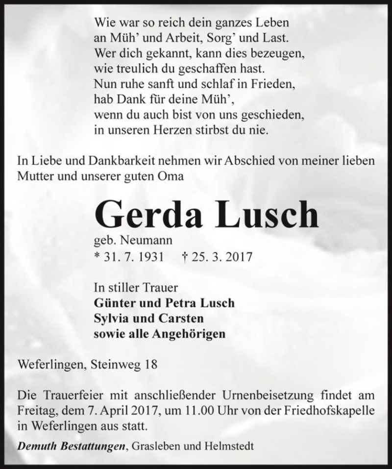  Traueranzeige für Gerda Lusch (geb. Neumann)  vom 31.03.2017 aus Magdeburger Volksstimme