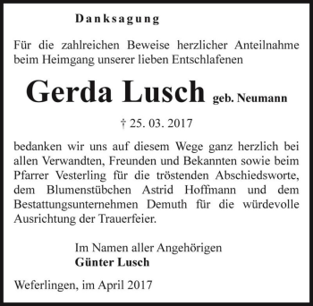 Traueranzeige von Gerda Lusch (geb. Neumann)  von Magdeburger Volksstimme