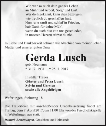 Traueranzeige von Gerda Lusch (geb. Neumann)  von Magdeburger Volksstimme
