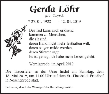 Traueranzeige von Gerda Löhr (geb. Czysch)  von Magdeburger Volksstimme