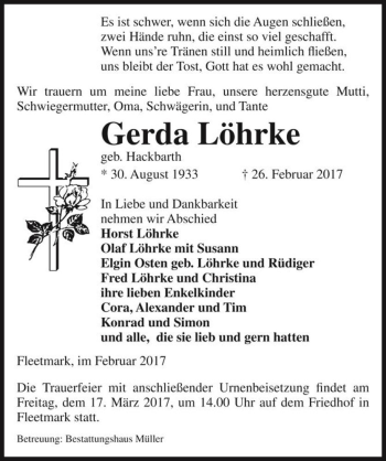Traueranzeige von Gerda Löhrke (geb. Hackbarth)  von Magdeburger Volksstimme