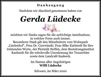 Traueranzeige von Gerda Lüdecke  von Magdeburger Volksstimme