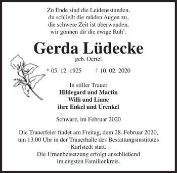 Traueranzeige von Gerda Lüdecke (geb. Oertel)  von Magdeburger Volksstimme