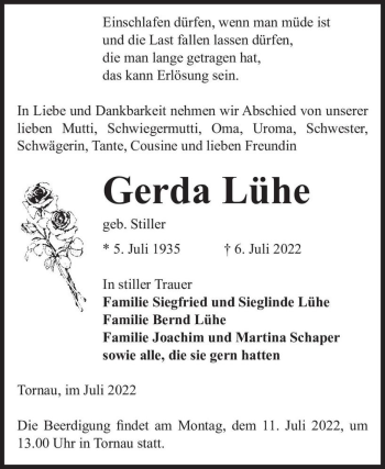 Traueranzeige von Gerda Lühe (geb. Stiller)  von Magdeburger Volksstimme