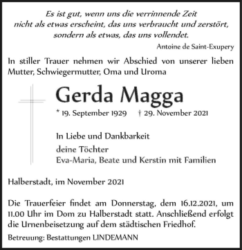 Traueranzeige von Gerda Magga  von Magdeburger Volksstimme