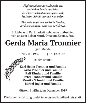 Traueranzeige von Gerda Marie Tronnier (geb. Mende)  von Magdeburger Volksstimme