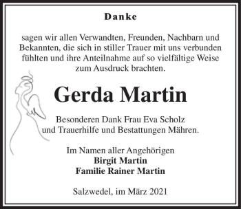 Traueranzeige von Gerda Martin  von Magdeburger Volksstimme