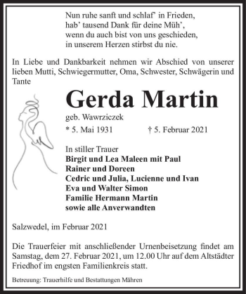 Traueranzeige von Gerda Martin (geb. Wawrziczek)  von Magdeburger Volksstimme