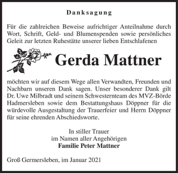Traueranzeige von Gerda Mattner  von Magdeburger Volksstimme