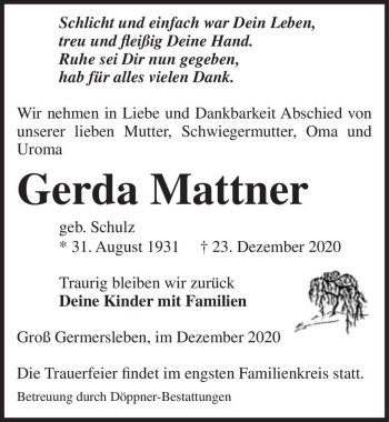 Traueranzeige von Gerda Mattner (geb. Schulz)  von Magdeburger Volksstimme