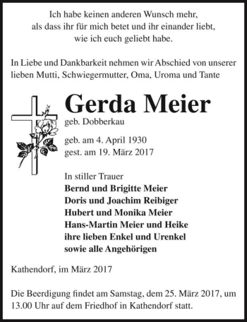 Traueranzeige von Gerda Meier (geb. Dobberkau)  von Magdeburger Volksstimme