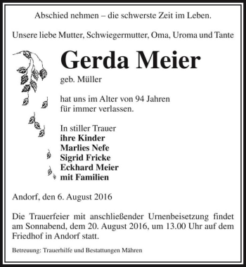 Traueranzeige von Gerda Meier (geb. Müller)  von Magdeburger Volksstimme
