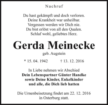 Traueranzeige von Gerda Meinecke (geb. Augstein)  von Magdeburger Volksstimme