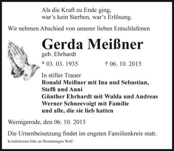 Traueranzeige von Gerda Meißner (geb. Ehrhardt)  von Magdeburger Volksstimme