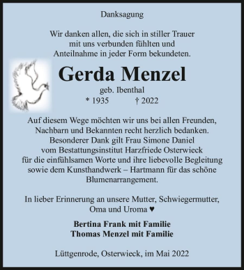 Traueranzeige von Gerda Menzel (geb. Ibenthal)  von Magdeburger Volksstimme