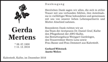 Traueranzeige von Gerda Mertens  von Magdeburger Volksstimme