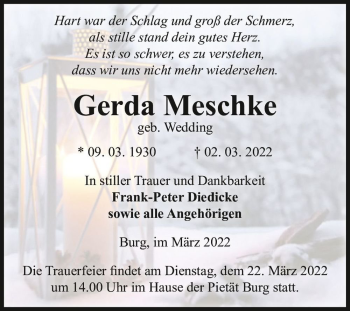 Traueranzeige von Gerda Meschke (geb. Wedding)  von Magdeburger Volksstimme