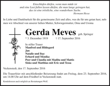 Traueranzeige von Gerda Meves (geb. Springer)  von Magdeburger Volksstimme