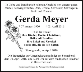 Traueranzeige von Gerda Meyer  von Magdeburger Volksstimme