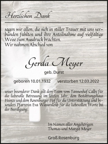 Traueranzeige von Gerda Meyer (geb. Durst)  von Magdeburger Volksstimme