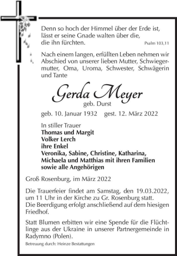 Traueranzeige von Gerda Meyer (geb. Durst)  von Magdeburger Volksstimme