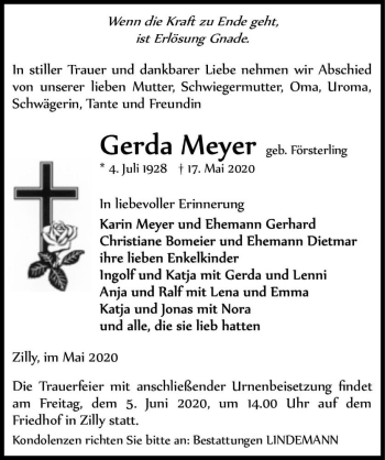 Traueranzeige von Gerda Meyer (geb. Försterling)  von Magdeburger Volksstimme