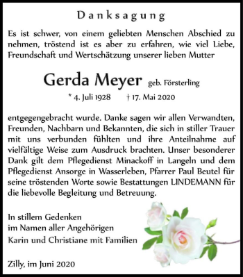 Traueranzeige von Gerda Meyer (geb. Försterling)  von Magdeburger Volksstimme
