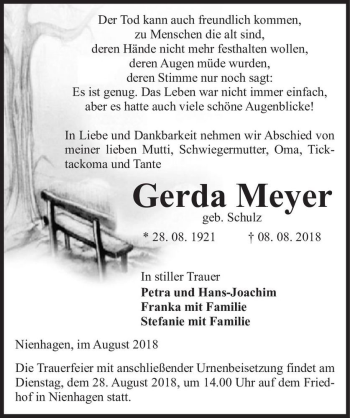 Traueranzeige von Gerda Meyer (geb. Schulz)  von Magdeburger Volksstimme