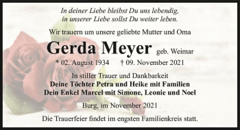 Traueranzeige von Gerda Meyer (geb. Weimar)  von Magdeburger Volksstimme