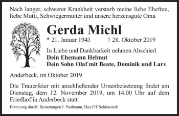 Traueranzeige von Gerda Michl  von Magdeburger Volksstimme