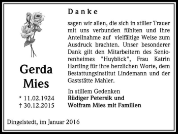 Traueranzeige von Gerda Mies  von Magdeburger Volksstimme