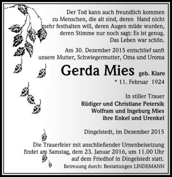 Traueranzeige von Gerda Mies (geb. Klare)  von Magdeburger Volksstimme