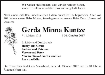 Traueranzeige von Gerda Minna Kuntze  von Magdeburger Volksstimme