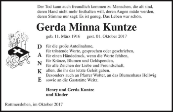 Traueranzeige von Gerda Minna Kuntze  von Magdeburger Volksstimme