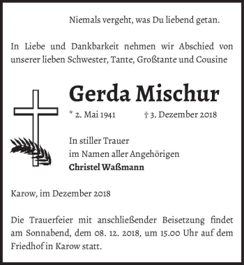 Traueranzeige von Gerda Mischur  von Magdeburger Volksstimme